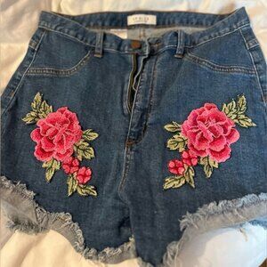 Hi-Rise Shorts Denim jeans Rose Embroidery women's